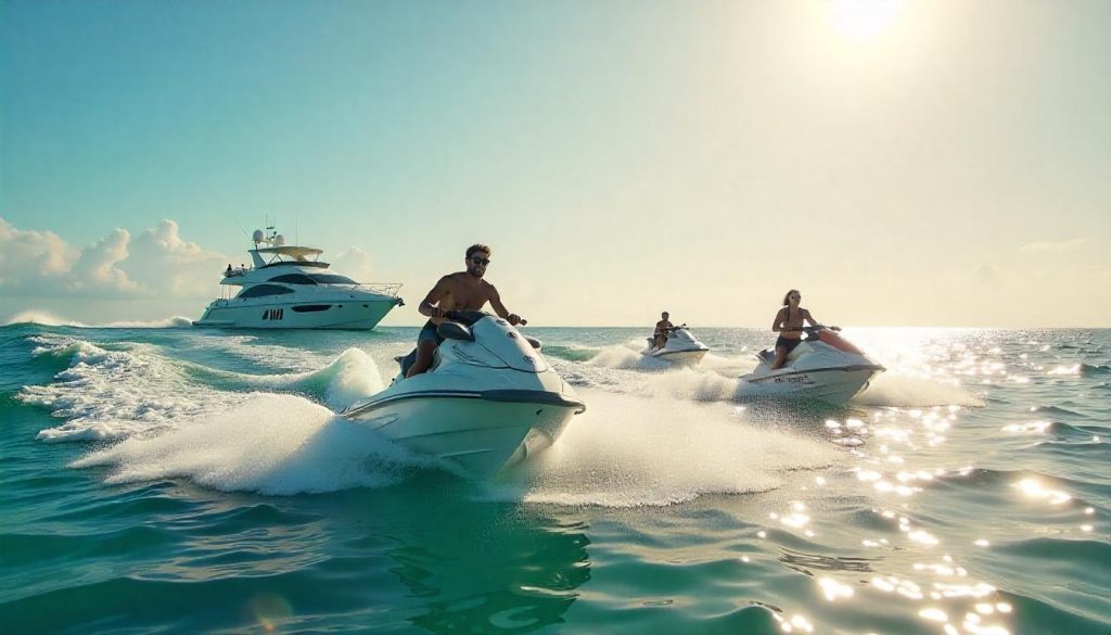Friends racing during choosing yacht water playthings in Keys.